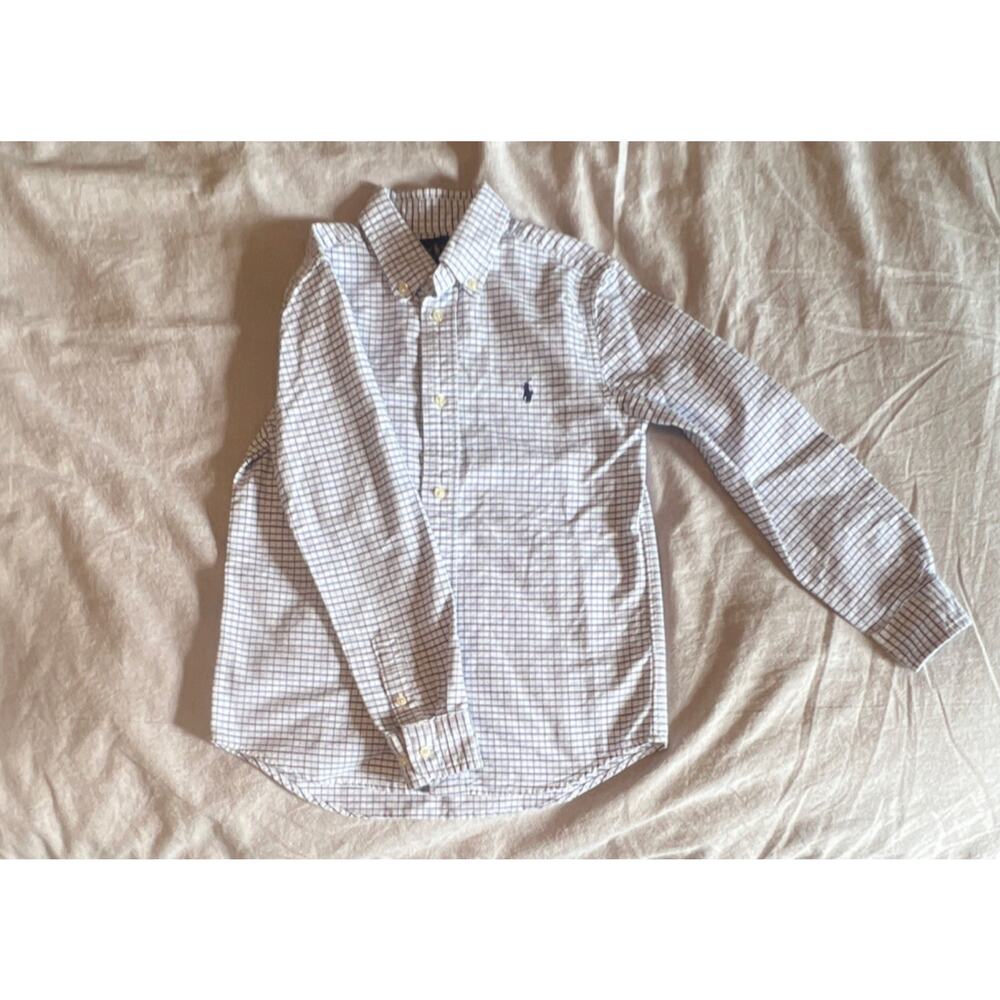 Ralph Lauren Boys White Blue Check Long Sleeve Button-Up Shirt Size 7